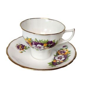 Vtg Jason Bone China England Tea Cup Saucer Pansies Violas Yellow Purple Flowers